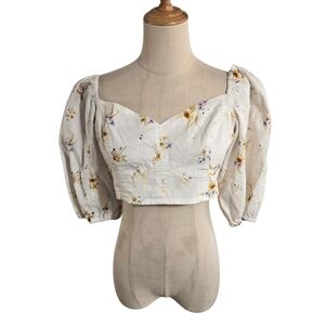 H & M Floral Smocked Puff Sleeve Ivory Linen Blend Crop Top